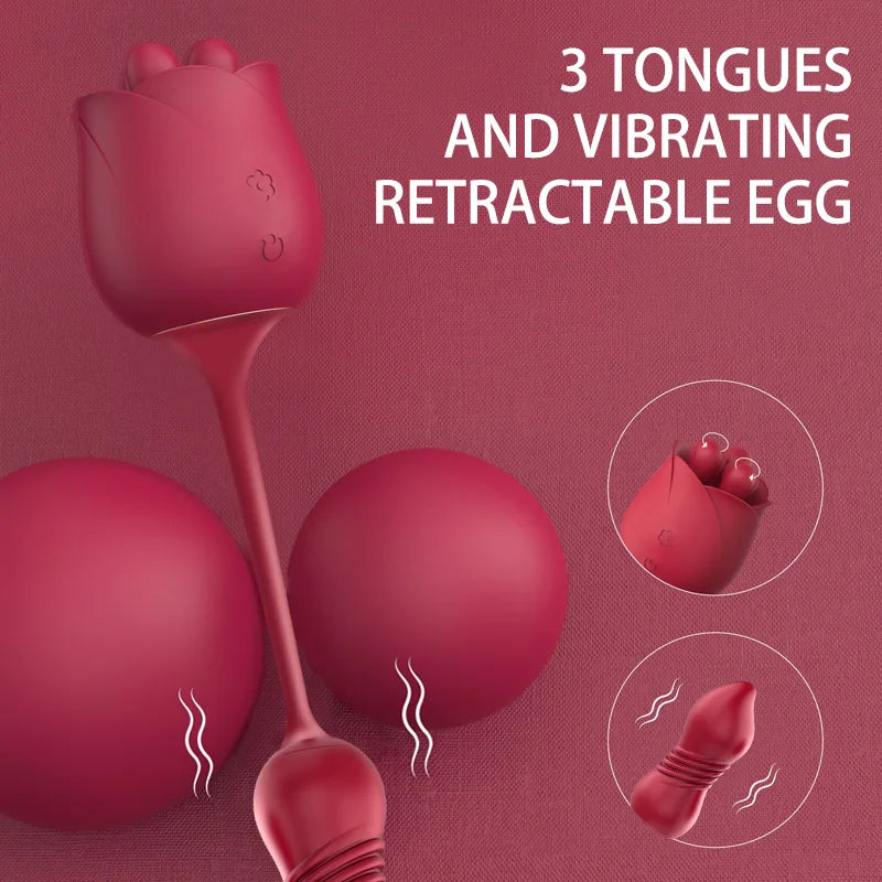 Rose Toy with 3 Tongues and Vibrating Retractable Egg