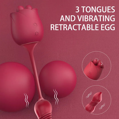 Rose Toy with 3 Tongues and Vibrating Retractable Egg